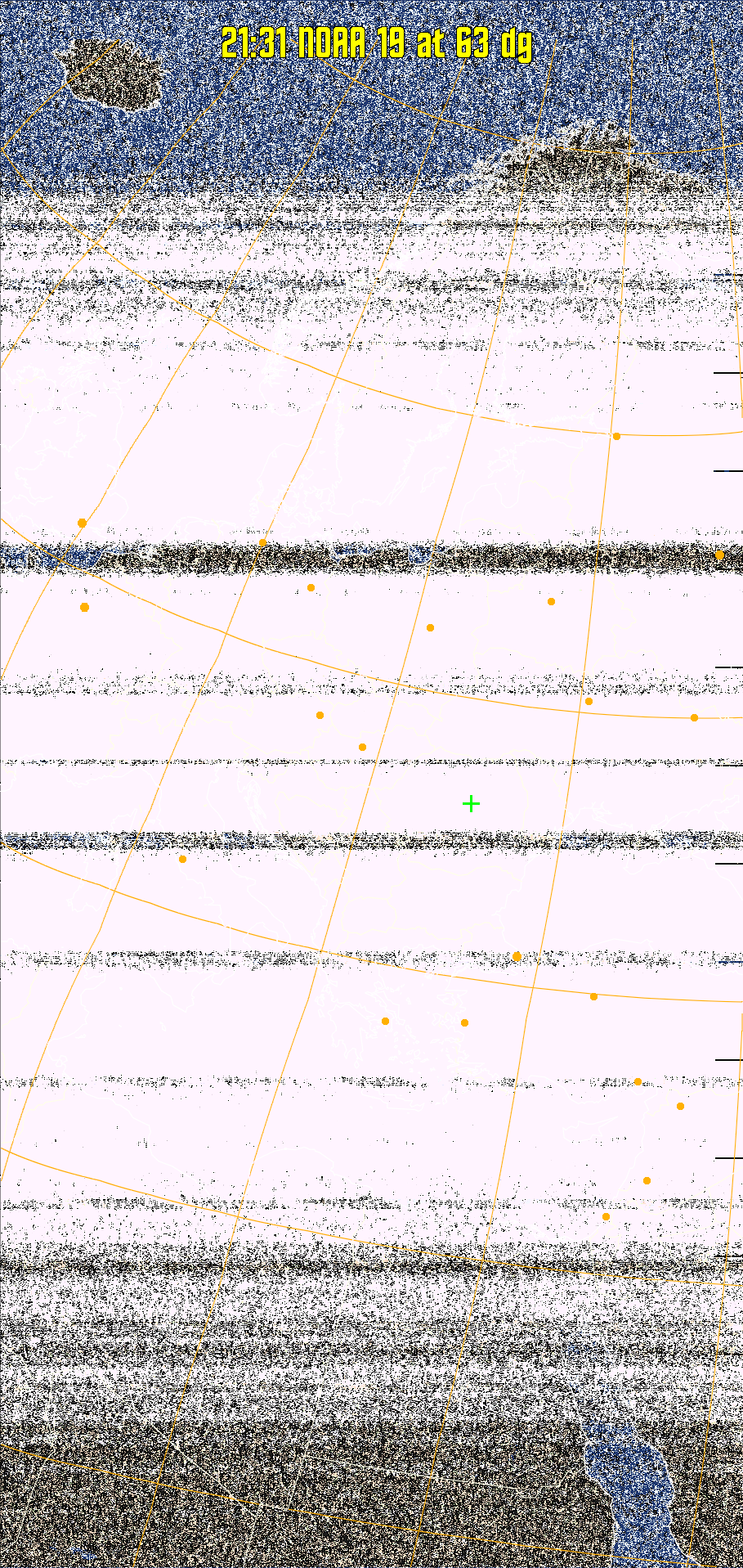 HVCT:
Similar to HVC, but with blue water and with colours more indicative of
land temperatures.
HVC:
Creates a false colour image from NOAA APT images based on temperature using
the HVC colour model. Uses the temperature derived from the sensor 4 image to
select the hue and the brightness from the histogram equalised other image to
select the value and chroma. The HVC colour model attempts to ensure that different colours at the same value will appear to the eye to be the same brightness
and the spacing between colours representing each degree will appear to the eye to
be similar. Bright areas are completely unsaturated in this model.