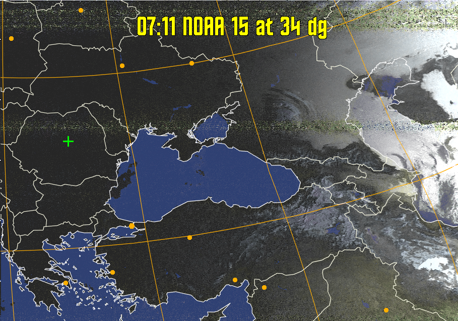 HVCT:
Similar to HVC, but with blue water and with colours more indicative of
land temperatures.
HVC:
Creates a false colour image from NOAA APT images based on temperature using
the HVC colour model. Uses the temperature derived from the sensor 4 image to
select the hue and the brightness from the histogram equalised other image to
select the value and chroma. The HVC colour model attempts to ensure that different colours at the same value will appear to the eye to be the same brightness
and the spacing between colours representing each degree will appear to the eye to
be similar. Bright areas are completely unsaturated in this model.