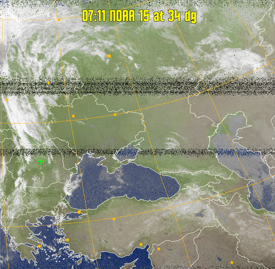 MCIR-precip: 
Colours the NOAA sensor 4 IR image using a map to colour the sea blue and land
green. High clouds appear white, lower clouds gray or land/sea coloured, clouds
generally appear lighter, but distinguishing between land/sea and low cloud may
be difficult. Darker colours indicate warmer regions.