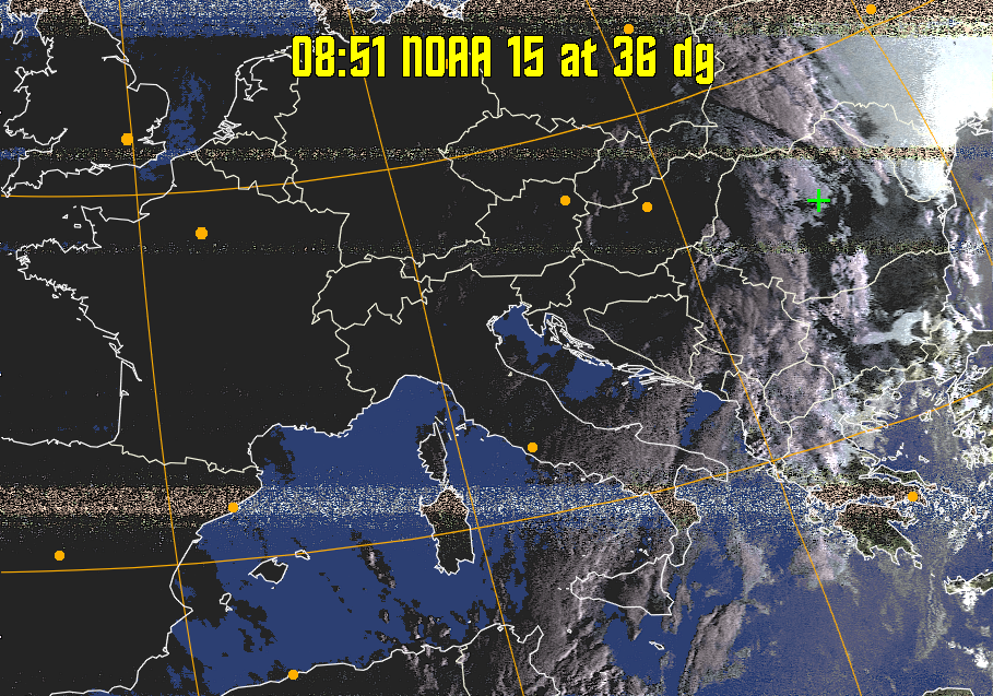 HVCT:
Similar to HVC, but with blue water and with colours more indicative of
land temperatures.
HVC:
Creates a false colour image from NOAA APT images based on temperature using
the HVC colour model. Uses the temperature derived from the sensor 4 image to
select the hue and the brightness from the histogram equalised other image to
select the value and chroma. The HVC colour model attempts to ensure that different colours at the same value will appear to the eye to be the same brightness
and the spacing between colours representing each degree will appear to the eye to
be similar. Bright areas are completely unsaturated in this model.