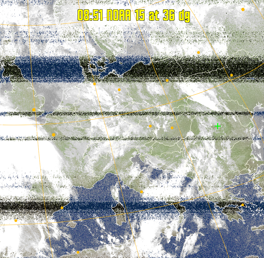 MCIR-precip: 
Colours the NOAA sensor 4 IR image using a map to colour the sea blue and land
green. High clouds appear white, lower clouds gray or land/sea coloured, clouds
generally appear lighter, but distinguishing between land/sea and low cloud may
be difficult. Darker colours indicate warmer regions.