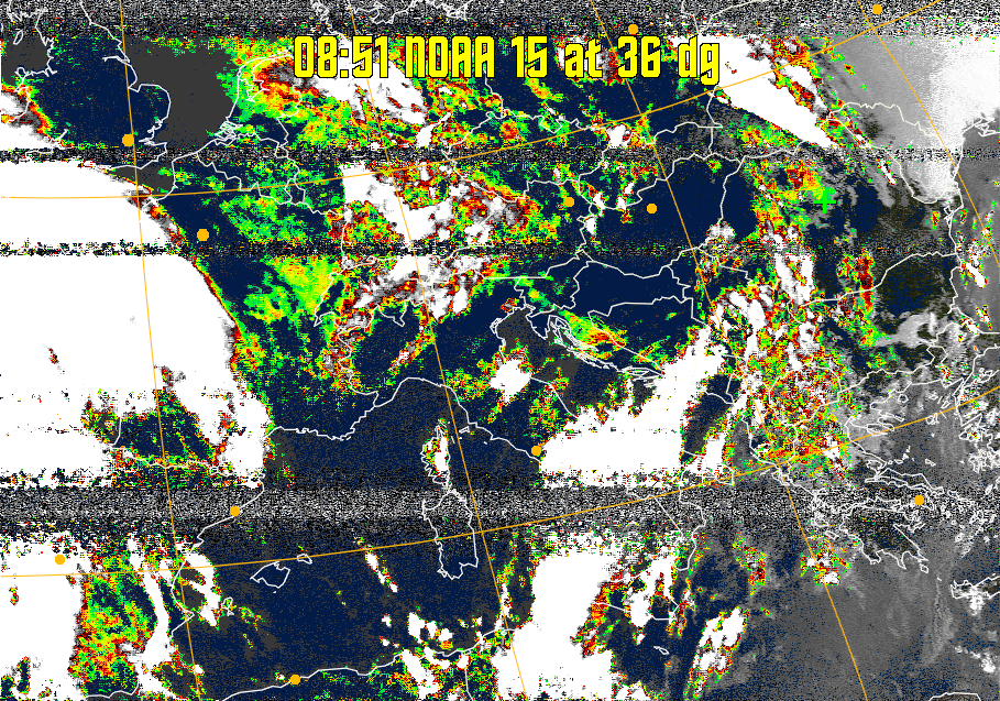 MSA-precip:
Same as MSA multispectral analysis, but high cold cloud tops are coloured the
same as the NO enhancement to give an approximate indication of the probability
and intensity of precipitation.