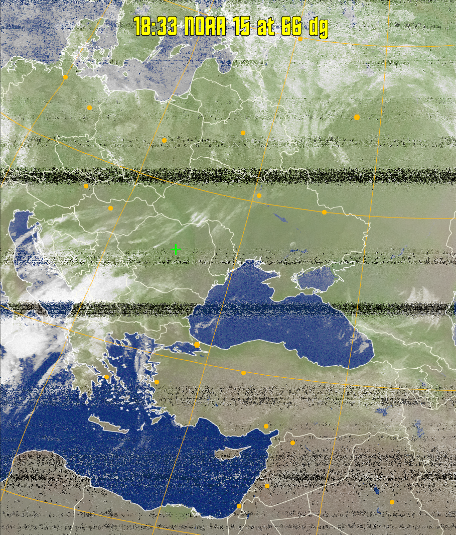 MCIR-precip: 
Colours the NOAA sensor 4 IR image using a map to colour the sea blue and land
green. High clouds appear white, lower clouds gray or land/sea coloured, clouds
generally appear lighter, but distinguishing between land/sea and low cloud may
be difficult. Darker colours indicate warmer regions.