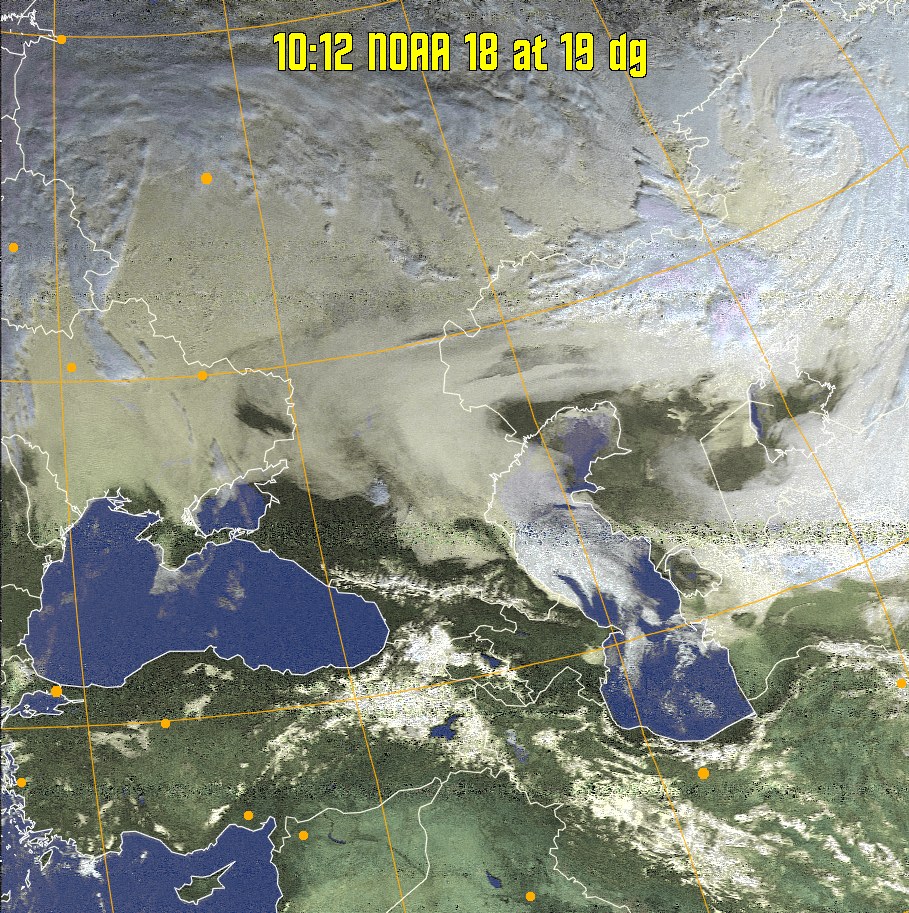 HVCT:
Similar to HVC, but with blue water and with colours more indicative of
land temperatures.
HVC:
Creates a false colour image from NOAA APT images based on temperature using
the HVC colour model. Uses the temperature derived from the sensor 4 image to
select the hue and the brightness from the histogram equalised other image to
select the value and chroma. The HVC colour model attempts to ensure that different colours at the same value will appear to the eye to be the same brightness
and the spacing between colours representing each degree will appear to the eye to
be similar. Bright areas are completely unsaturated in this model.