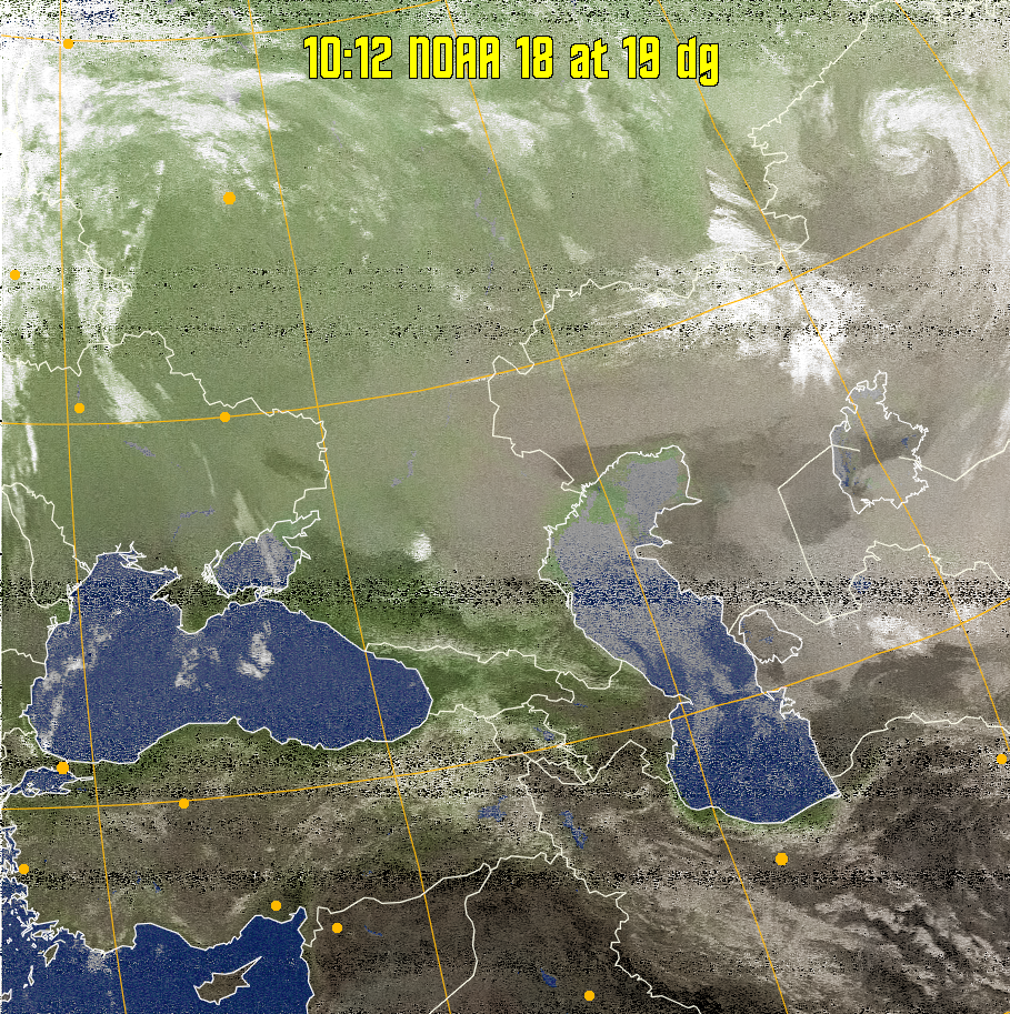 MCIR-precip: 
Colours the NOAA sensor 4 IR image using a map to colour the sea blue and land
green. High clouds appear white, lower clouds gray or land/sea coloured, clouds
generally appear lighter, but distinguishing between land/sea and low cloud may
be difficult. Darker colours indicate warmer regions.