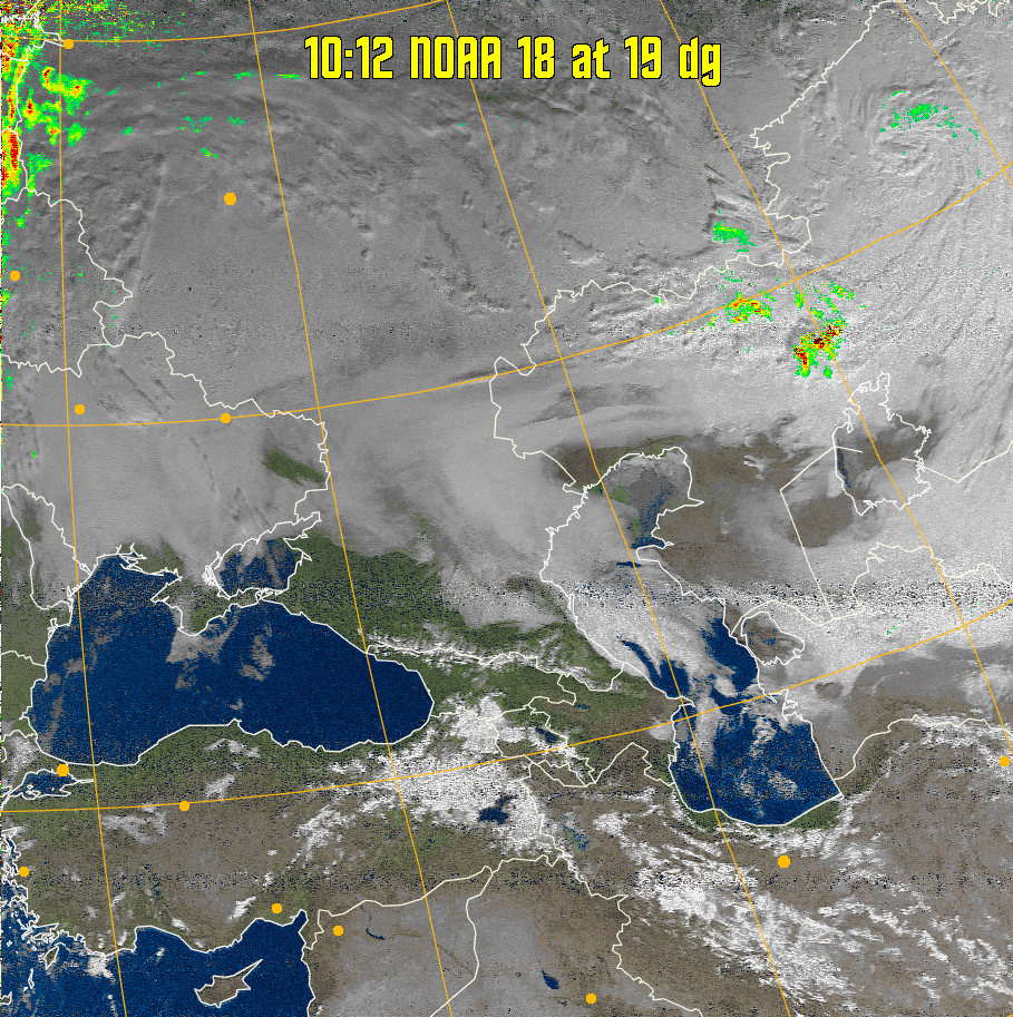 MSA-precip:
Same as MSA multispectral analysis, but high cold cloud tops are coloured the
same as the NO enhancement to give an approximate indication of the probability
and intensity of precipitation.