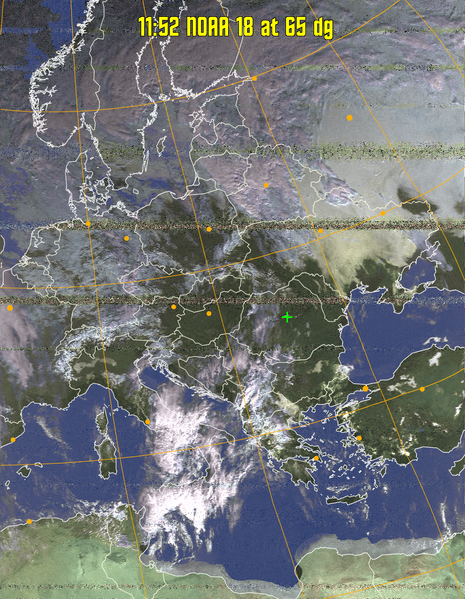 HVCT:
Similar to HVC, but with blue water and with colours more indicative of
land temperatures.
HVC:
Creates a false colour image from NOAA APT images based on temperature using
the HVC colour model. Uses the temperature derived from the sensor 4 image to
select the hue and the brightness from the histogram equalised other image to
select the value and chroma. The HVC colour model attempts to ensure that different colours at the same value will appear to the eye to be the same brightness
and the spacing between colours representing each degree will appear to the eye to
be similar. Bright areas are completely unsaturated in this model.