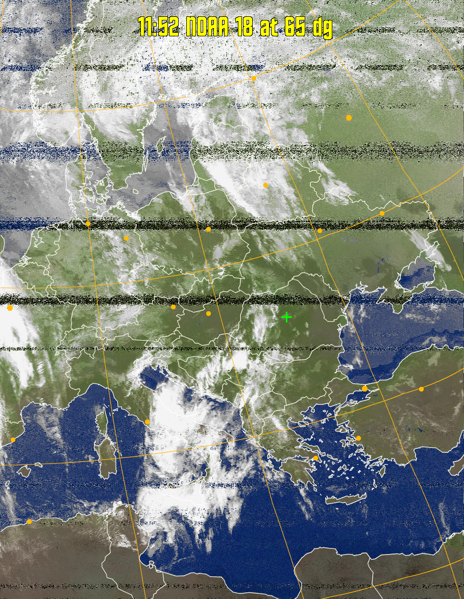 MCIR-precip: 
Colours the NOAA sensor 4 IR image using a map to colour the sea blue and land
green. High clouds appear white, lower clouds gray or land/sea coloured, clouds
generally appear lighter, but distinguishing between land/sea and low cloud may
be difficult. Darker colours indicate warmer regions.