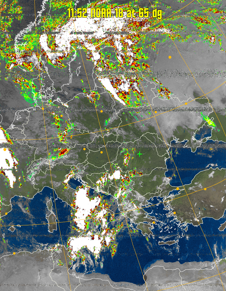 MSA-precip:
Same as MSA multispectral analysis, but high cold cloud tops are coloured the
same as the NO enhancement to give an approximate indication of the probability
and intensity of precipitation.