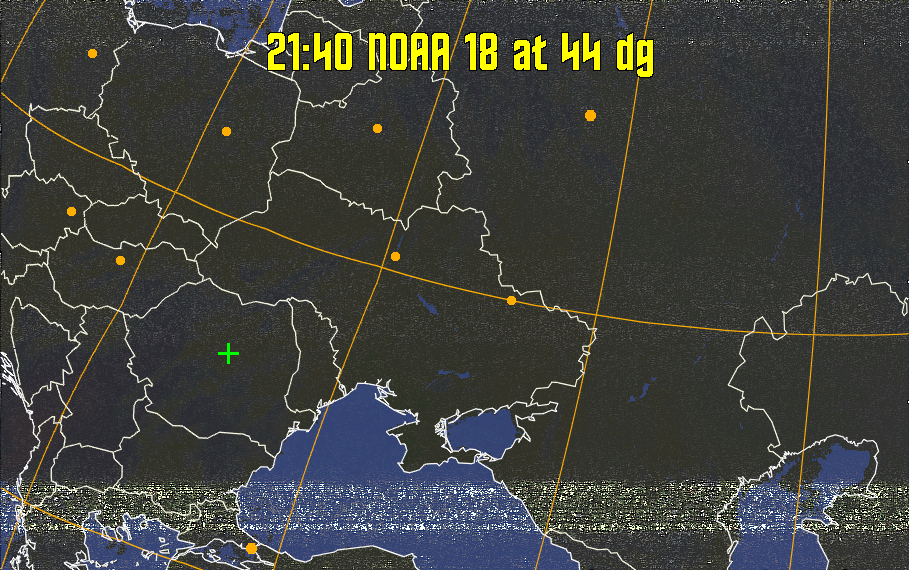 HVCT:
Similar to HVC, but with blue water and with colours more indicative of
land temperatures.
HVC:
Creates a false colour image from NOAA APT images based on temperature using
the HVC colour model. Uses the temperature derived from the sensor 4 image to
select the hue and the brightness from the histogram equalised other image to
select the value and chroma. The HVC colour model attempts to ensure that different colours at the same value will appear to the eye to be the same brightness
and the spacing between colours representing each degree will appear to the eye to
be similar. Bright areas are completely unsaturated in this model.