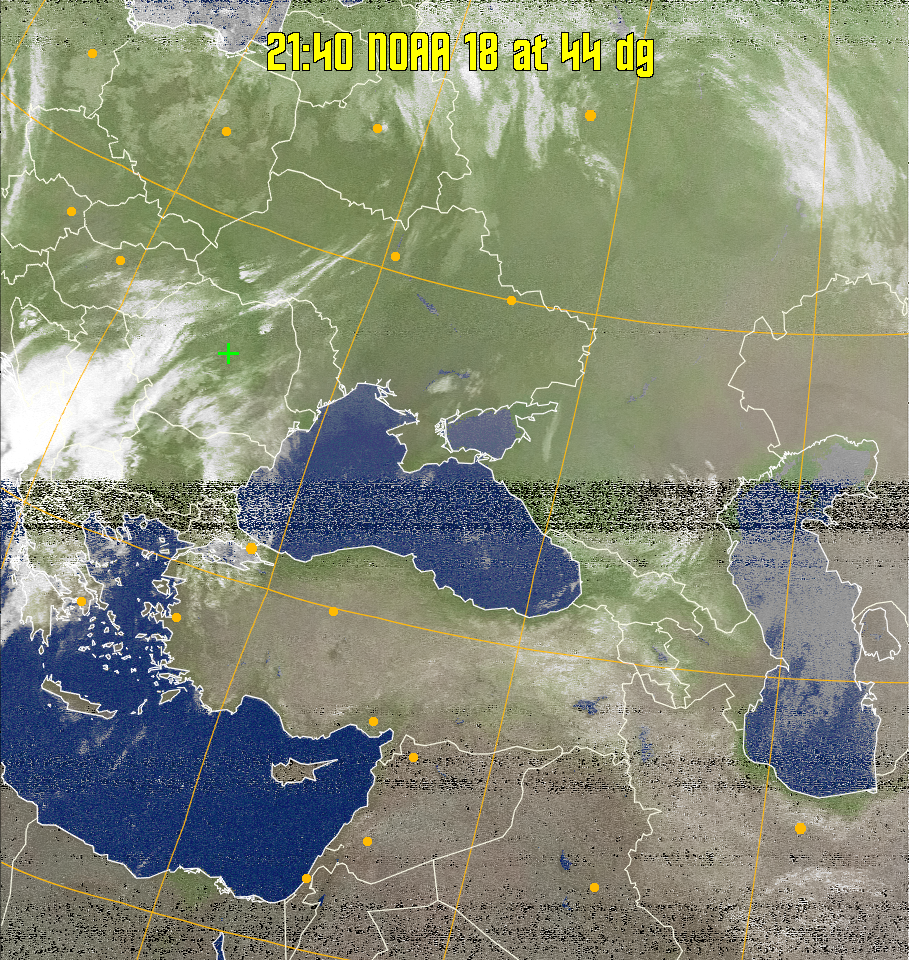 MCIR-precip: 
Colours the NOAA sensor 4 IR image using a map to colour the sea blue and land
green. High clouds appear white, lower clouds gray or land/sea coloured, clouds
generally appear lighter, but distinguishing between land/sea and low cloud may
be difficult. Darker colours indicate warmer regions.