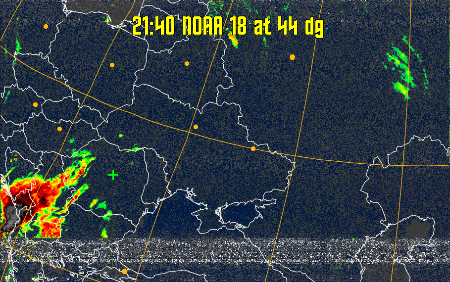 MSA-precip:
Same as MSA multispectral analysis, but high cold cloud tops are coloured the
same as the NO enhancement to give an approximate indication of the probability
and intensity of precipitation.