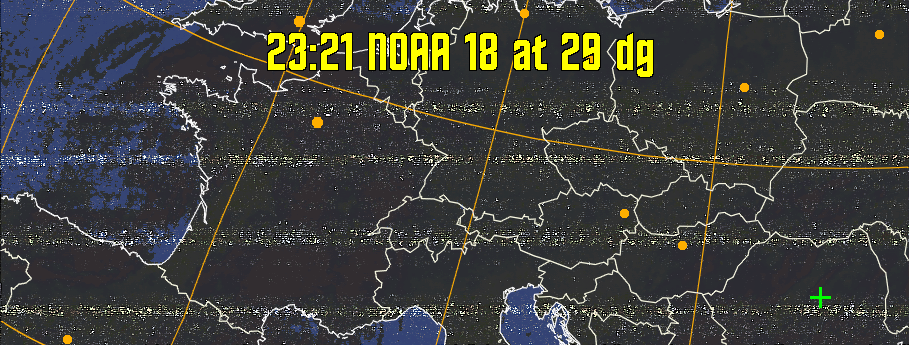 HVCT:
Similar to HVC, but with blue water and with colours more indicative of
land temperatures.
HVC:
Creates a false colour image from NOAA APT images based on temperature using
the HVC colour model. Uses the temperature derived from the sensor 4 image to
select the hue and the brightness from the histogram equalised other image to
select the value and chroma. The HVC colour model attempts to ensure that different colours at the same value will appear to the eye to be the same brightness
and the spacing between colours representing each degree will appear to the eye to
be similar. Bright areas are completely unsaturated in this model.