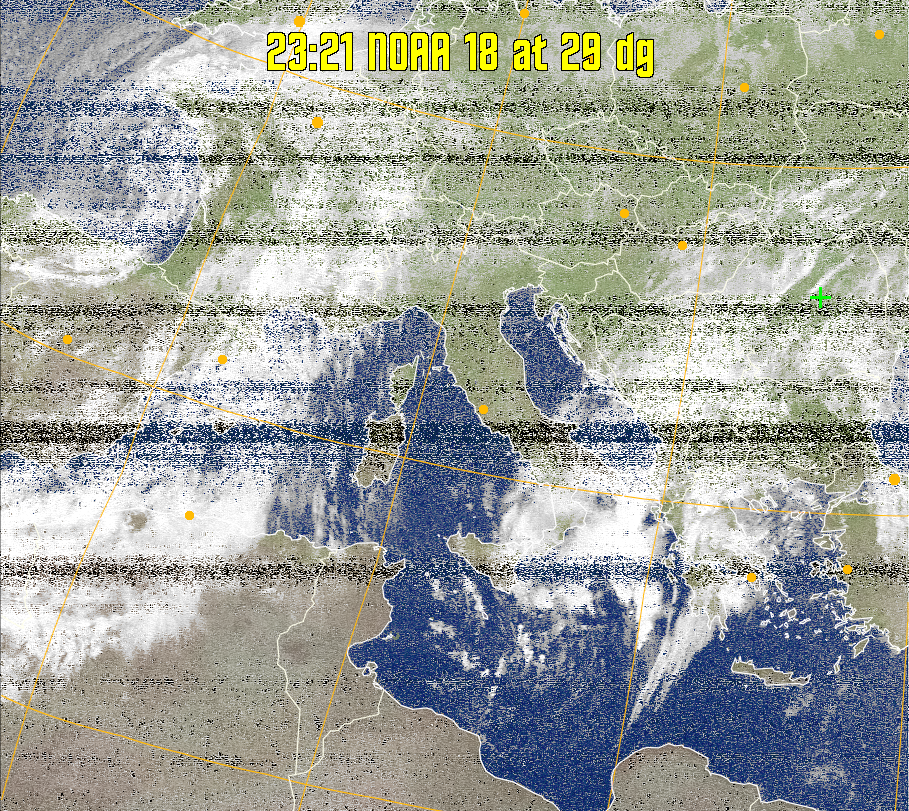 MCIR-precip: 
Colours the NOAA sensor 4 IR image using a map to colour the sea blue and land
green. High clouds appear white, lower clouds gray or land/sea coloured, clouds
generally appear lighter, but distinguishing between land/sea and low cloud may
be difficult. Darker colours indicate warmer regions.