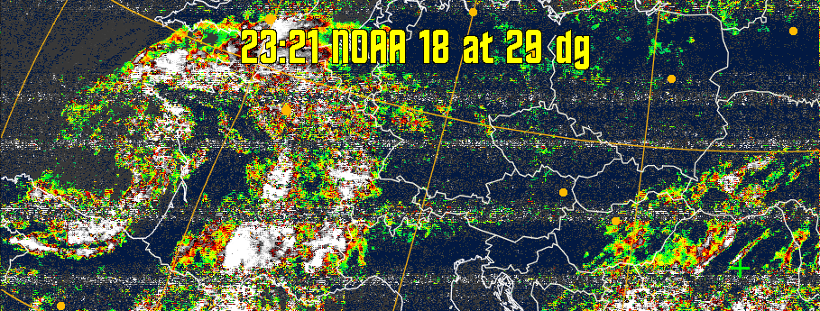 MSA-precip:
Same as MSA multispectral analysis, but high cold cloud tops are coloured the
same as the NO enhancement to give an approximate indication of the probability
and intensity of precipitation.