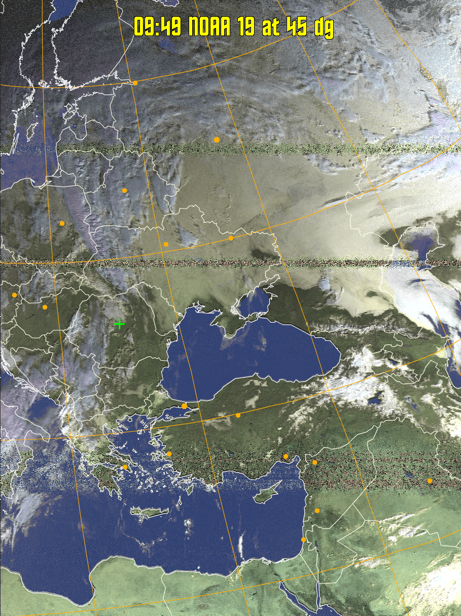 HVCT:
Similar to HVC, but with blue water and with colours more indicative of
land temperatures.
HVC:
Creates a false colour image from NOAA APT images based on temperature using
the HVC colour model. Uses the temperature derived from the sensor 4 image to
select the hue and the brightness from the histogram equalised other image to
select the value and chroma. The HVC colour model attempts to ensure that different colours at the same value will appear to the eye to be the same brightness
and the spacing between colours representing each degree will appear to the eye to
be similar. Bright areas are completely unsaturated in this model.