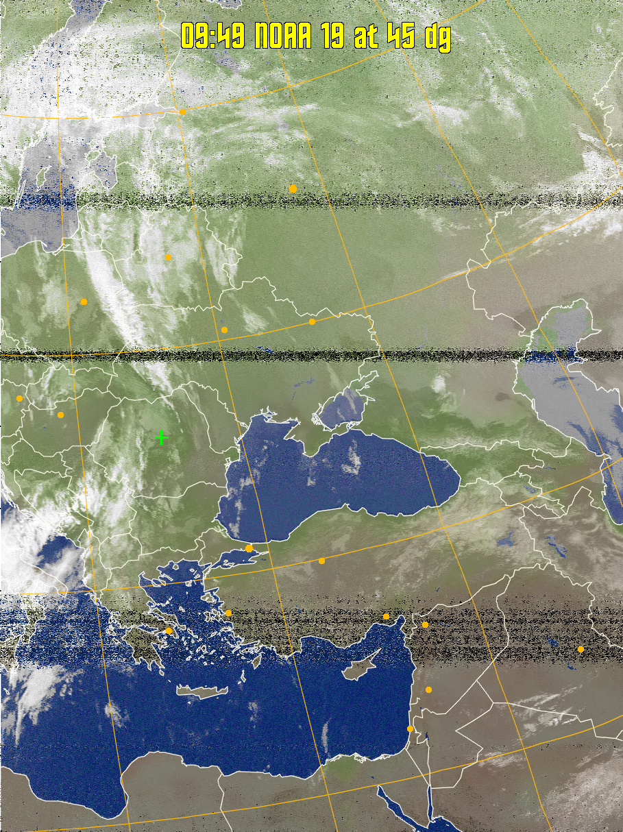 MCIR-precip: 
Colours the NOAA sensor 4 IR image using a map to colour the sea blue and land
green. High clouds appear white, lower clouds gray or land/sea coloured, clouds
generally appear lighter, but distinguishing between land/sea and low cloud may
be difficult. Darker colours indicate warmer regions.