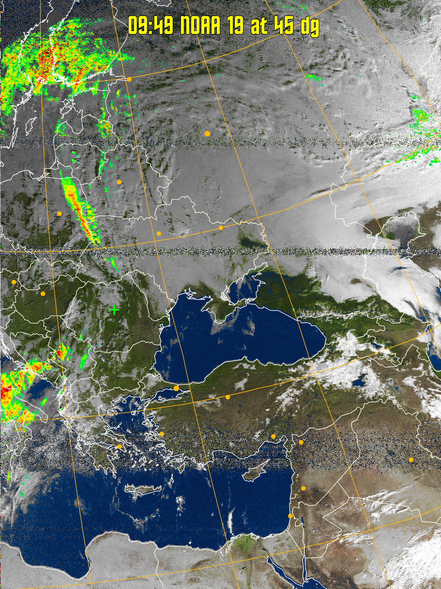 MSA-precip:
Same as MSA multispectral analysis, but high cold cloud tops are coloured the
same as the NO enhancement to give an approximate indication of the probability
and intensity of precipitation.