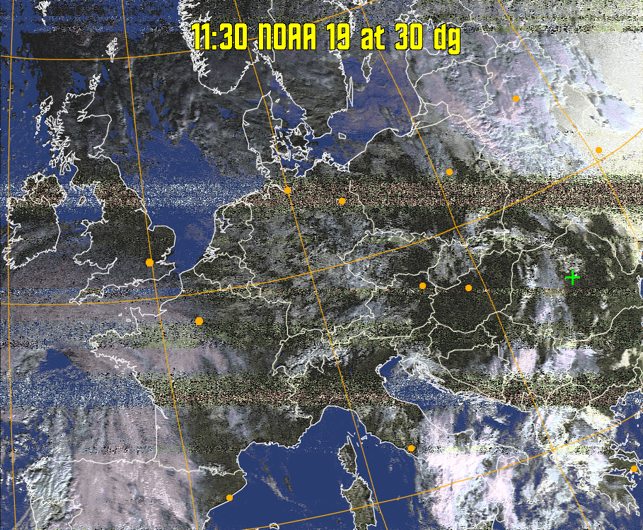 HVCT:
Similar to HVC, but with blue water and with colours more indicative of
land temperatures.
HVC:
Creates a false colour image from NOAA APT images based on temperature using
the HVC colour model. Uses the temperature derived from the sensor 4 image to
select the hue and the brightness from the histogram equalised other image to
select the value and chroma. The HVC colour model attempts to ensure that different colours at the same value will appear to the eye to be the same brightness
and the spacing between colours representing each degree will appear to the eye to
be similar. Bright areas are completely unsaturated in this model.