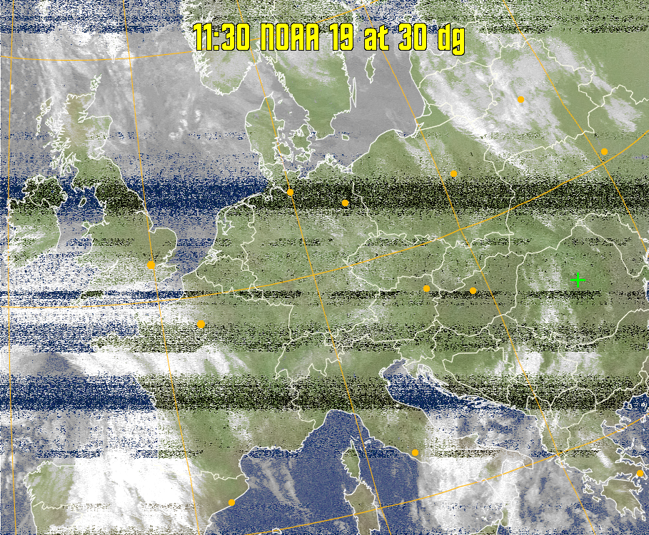 MCIR-precip: 
Colours the NOAA sensor 4 IR image using a map to colour the sea blue and land
green. High clouds appear white, lower clouds gray or land/sea coloured, clouds
generally appear lighter, but distinguishing between land/sea and low cloud may
be difficult. Darker colours indicate warmer regions.