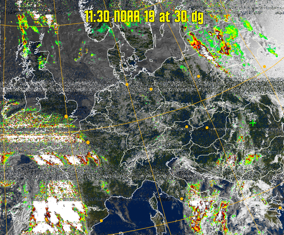 MSA-precip:
Same as MSA multispectral analysis, but high cold cloud tops are coloured the
same as the NO enhancement to give an approximate indication of the probability
and intensity of precipitation.