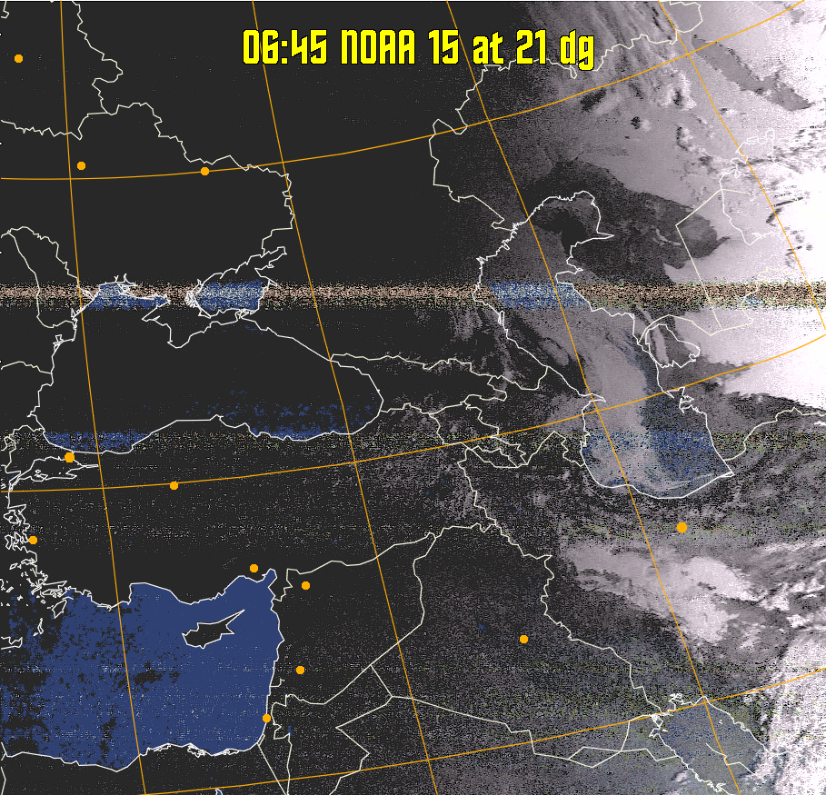 HVCT:
Similar to HVC, but with blue water and with colours more indicative of
land temperatures.
HVC:
Creates a false colour image from NOAA APT images based on temperature using
the HVC colour model. Uses the temperature derived from the sensor 4 image to
select the hue and the brightness from the histogram equalised other image to
select the value and chroma. The HVC colour model attempts to ensure that different colours at the same value will appear to the eye to be the same brightness
and the spacing between colours representing each degree will appear to the eye to
be similar. Bright areas are completely unsaturated in this model.