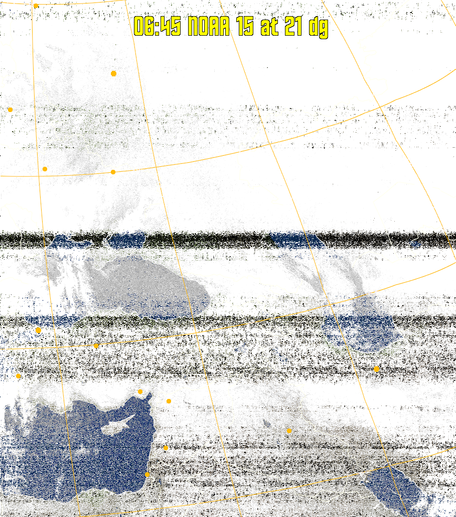 MCIR-precip: 
Colours the NOAA sensor 4 IR image using a map to colour the sea blue and land
green. High clouds appear white, lower clouds gray or land/sea coloured, clouds
generally appear lighter, but distinguishing between land/sea and low cloud may
be difficult. Darker colours indicate warmer regions.