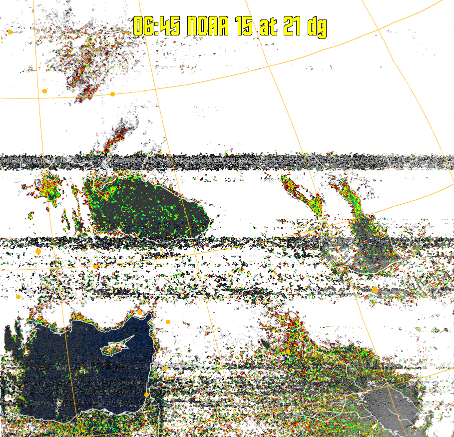 MSA-precip:
Same as MSA multispectral analysis, but high cold cloud tops are coloured the
same as the NO enhancement to give an approximate indication of the probability
and intensity of precipitation.