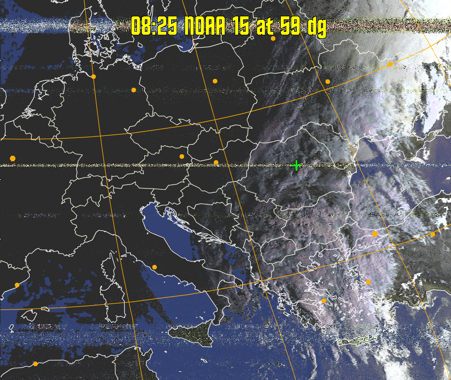 HVCT:
Similar to HVC, but with blue water and with colours more indicative of
land temperatures.
HVC:
Creates a false colour image from NOAA APT images based on temperature using
the HVC colour model. Uses the temperature derived from the sensor 4 image to
select the hue and the brightness from the histogram equalised other image to
select the value and chroma. The HVC colour model attempts to ensure that different colours at the same value will appear to the eye to be the same brightness
and the spacing between colours representing each degree will appear to the eye to
be similar. Bright areas are completely unsaturated in this model.