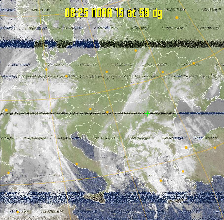 MCIR-precip: 
Colours the NOAA sensor 4 IR image using a map to colour the sea blue and land
green. High clouds appear white, lower clouds gray or land/sea coloured, clouds
generally appear lighter, but distinguishing between land/sea and low cloud may
be difficult. Darker colours indicate warmer regions.