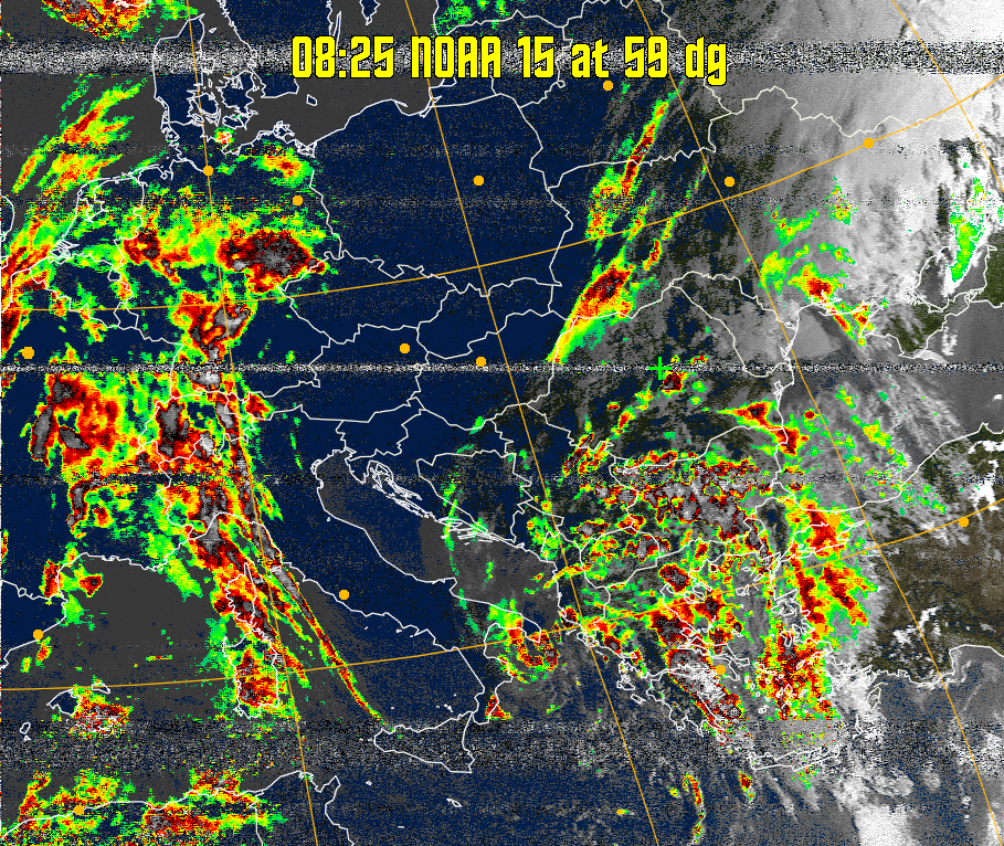 MSA-precip:
Same as MSA multispectral analysis, but high cold cloud tops are coloured the
same as the NO enhancement to give an approximate indication of the probability
and intensity of precipitation.