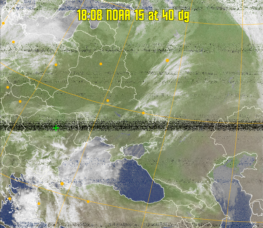 MCIR-precip: 
Colours the NOAA sensor 4 IR image using a map to colour the sea blue and land
green. High clouds appear white, lower clouds gray or land/sea coloured, clouds
generally appear lighter, but distinguishing between land/sea and low cloud may
be difficult. Darker colours indicate warmer regions.