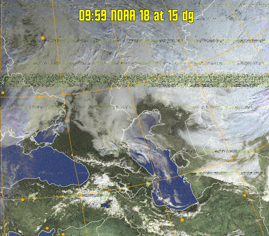 HVCT:
Similar to HVC, but with blue water and with colours more indicative of
land temperatures.
HVC:
Creates a false colour image from NOAA APT images based on temperature using
the HVC colour model. Uses the temperature derived from the sensor 4 image to
select the hue and the brightness from the histogram equalised other image to
select the value and chroma. The HVC colour model attempts to ensure that different colours at the same value will appear to the eye to be the same brightness
and the spacing between colours representing each degree will appear to the eye to
be similar. Bright areas are completely unsaturated in this model.