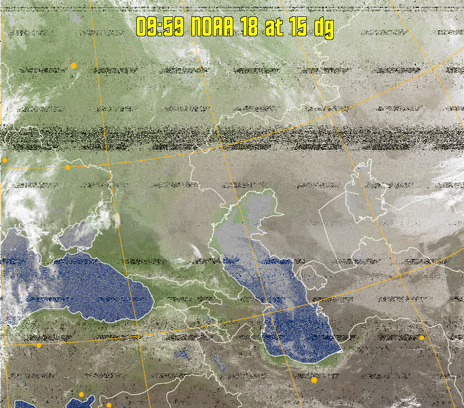 MCIR-precip: 
Colours the NOAA sensor 4 IR image using a map to colour the sea blue and land
green. High clouds appear white, lower clouds gray or land/sea coloured, clouds
generally appear lighter, but distinguishing between land/sea and low cloud may
be difficult. Darker colours indicate warmer regions.