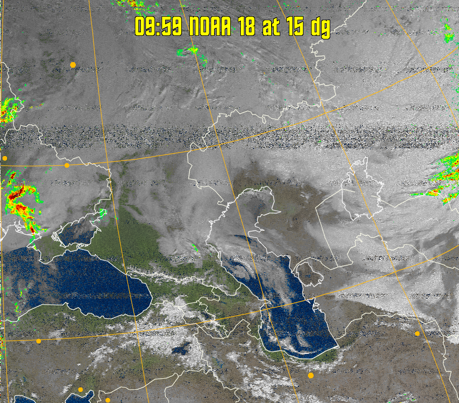 MSA-precip:
Same as MSA multispectral analysis, but high cold cloud tops are coloured the
same as the NO enhancement to give an approximate indication of the probability
and intensity of precipitation.