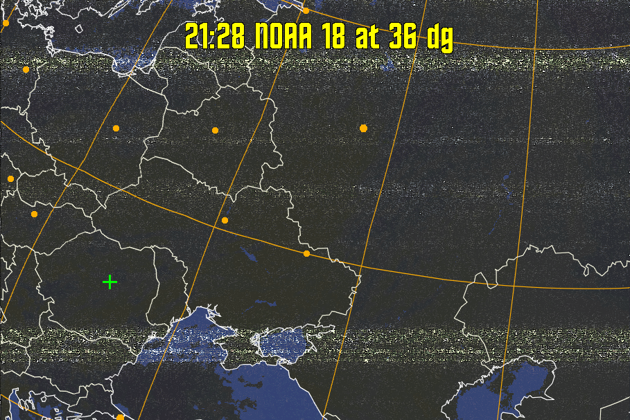 HVCT:
Similar to HVC, but with blue water and with colours more indicative of
land temperatures.
HVC:
Creates a false colour image from NOAA APT images based on temperature using
the HVC colour model. Uses the temperature derived from the sensor 4 image to
select the hue and the brightness from the histogram equalised other image to
select the value and chroma. The HVC colour model attempts to ensure that different colours at the same value will appear to the eye to be the same brightness
and the spacing between colours representing each degree will appear to the eye to
be similar. Bright areas are completely unsaturated in this model.