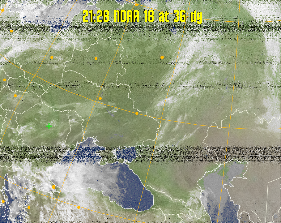 MCIR-precip: 
Colours the NOAA sensor 4 IR image using a map to colour the sea blue and land
green. High clouds appear white, lower clouds gray or land/sea coloured, clouds
generally appear lighter, but distinguishing between land/sea and low cloud may
be difficult. Darker colours indicate warmer regions.