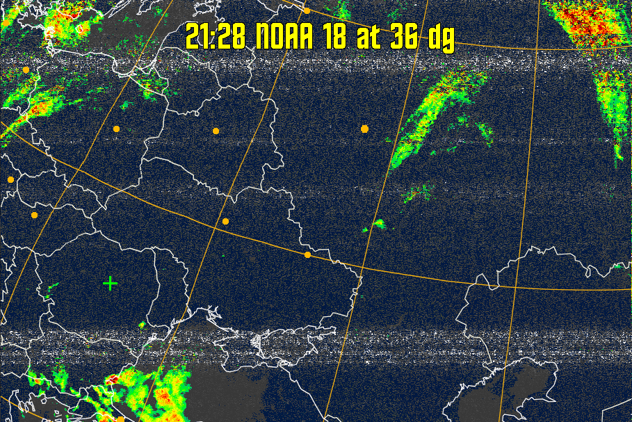 MSA-precip:
Same as MSA multispectral analysis, but high cold cloud tops are coloured the
same as the NO enhancement to give an approximate indication of the probability
and intensity of precipitation.