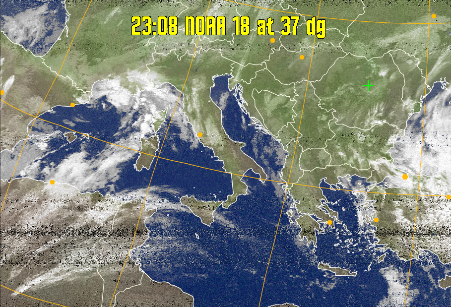 MCIR-precip: 
Colours the NOAA sensor 4 IR image using a map to colour the sea blue and land
green. High clouds appear white, lower clouds gray or land/sea coloured, clouds
generally appear lighter, but distinguishing between land/sea and low cloud may
be difficult. Darker colours indicate warmer regions.