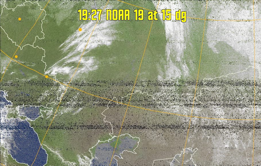 MCIR-precip: 
Colours the NOAA sensor 4 IR image using a map to colour the sea blue and land
green. High clouds appear white, lower clouds gray or land/sea coloured, clouds
generally appear lighter, but distinguishing between land/sea and low cloud may
be difficult. Darker colours indicate warmer regions.