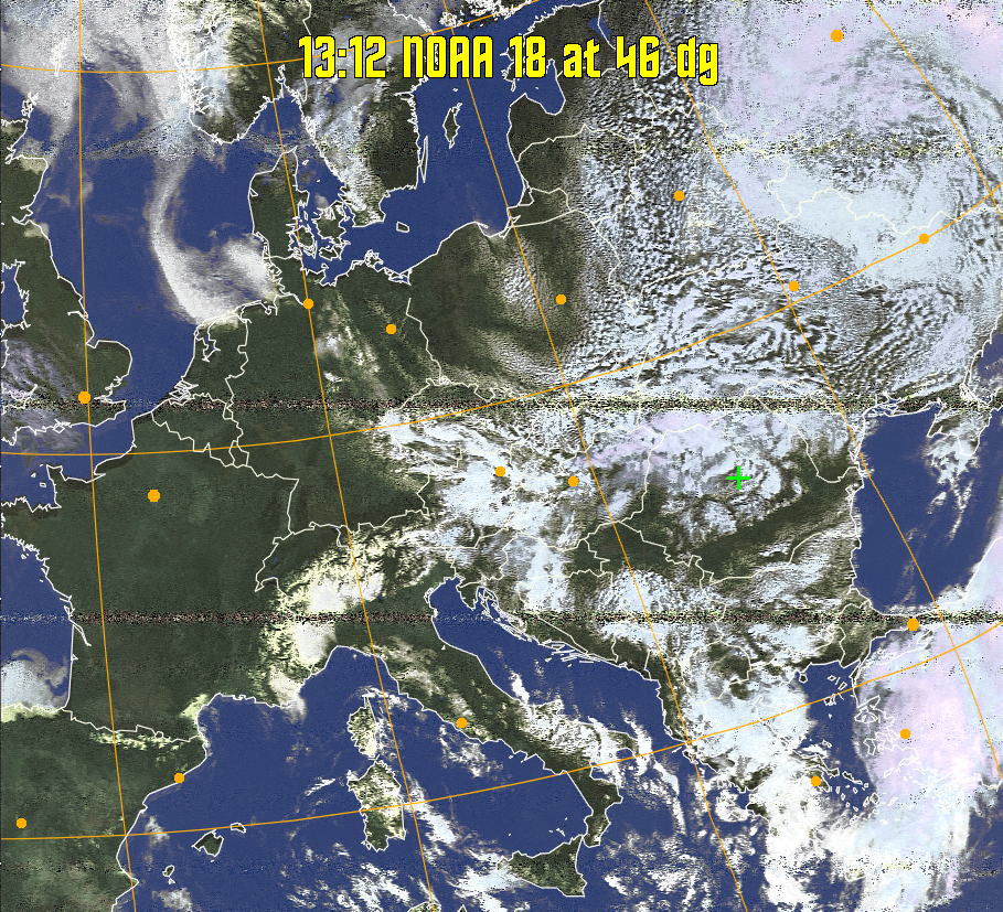 HVCT:
Similar to HVC, but with blue water and with colours more indicative of
land temperatures.
HVC:
Creates a false colour image from NOAA APT images based on temperature using
the HVC colour model. Uses the temperature derived from the sensor 4 image to
select the hue and the brightness from the histogram equalised other image to
select the value and chroma. The HVC colour model attempts to ensure that different colours at the same value will appear to the eye to be the same brightness
and the spacing between colours representing each degree will appear to the eye to
be similar. Bright areas are completely unsaturated in this model.