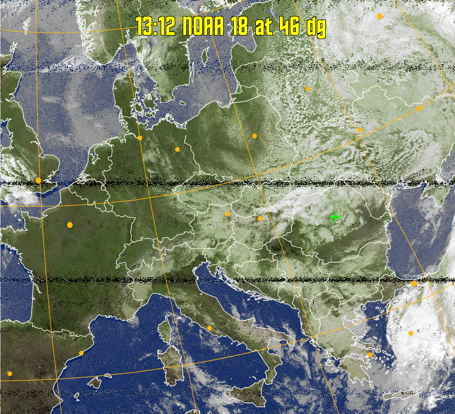 MCIR-precip: 
Colours the NOAA sensor 4 IR image using a map to colour the sea blue and land
green. High clouds appear white, lower clouds gray or land/sea coloured, clouds
generally appear lighter, but distinguishing between land/sea and low cloud may
be difficult. Darker colours indicate warmer regions.