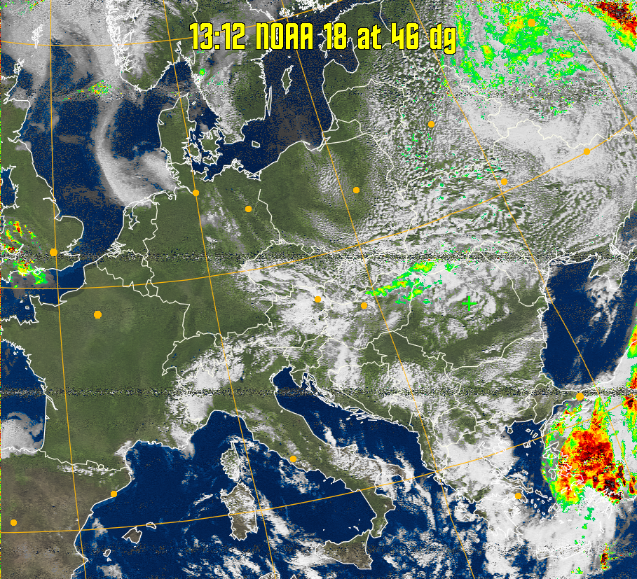 MSA-precip:
Same as MSA multispectral analysis, but high cold cloud tops are coloured the
same as the NO enhancement to give an approximate indication of the probability
and intensity of precipitation.