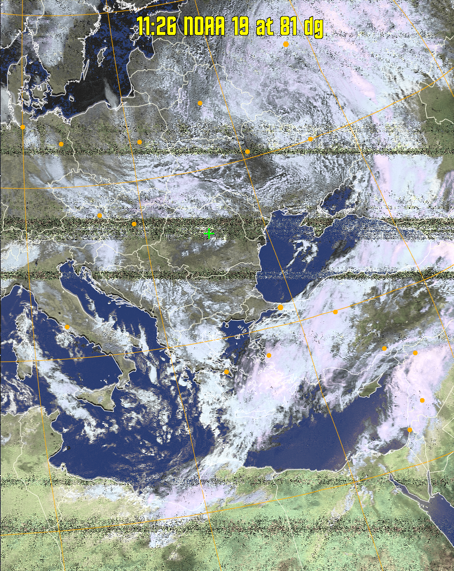 HVCT:
Similar to HVC, but with blue water and with colours more indicative of
land temperatures.
HVC:
Creates a false colour image from NOAA APT images based on temperature using
the HVC colour model. Uses the temperature derived from the sensor 4 image to
select the hue and the brightness from the histogram equalised other image to
select the value and chroma. The HVC colour model attempts to ensure that different colours at the same value will appear to the eye to be the same brightness
and the spacing between colours representing each degree will appear to the eye to
be similar. Bright areas are completely unsaturated in this model.