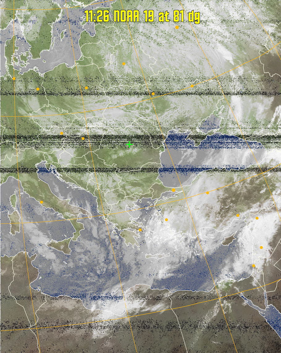 MCIR-precip: 
Colours the NOAA sensor 4 IR image using a map to colour the sea blue and land
green. High clouds appear white, lower clouds gray or land/sea coloured, clouds
generally appear lighter, but distinguishing between land/sea and low cloud may
be difficult. Darker colours indicate warmer regions.