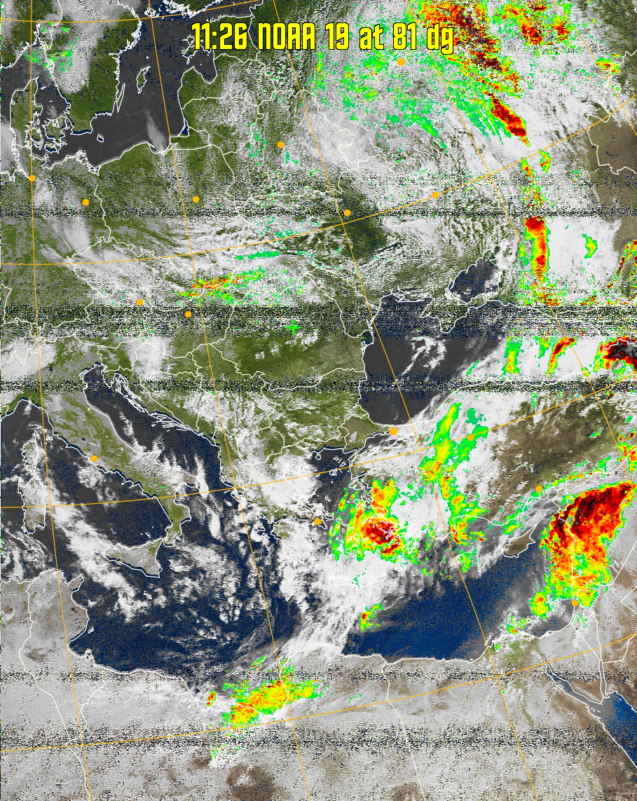 MSA-precip:
Same as MSA multispectral analysis, but high cold cloud tops are coloured the
same as the NO enhancement to give an approximate indication of the probability
and intensity of precipitation.