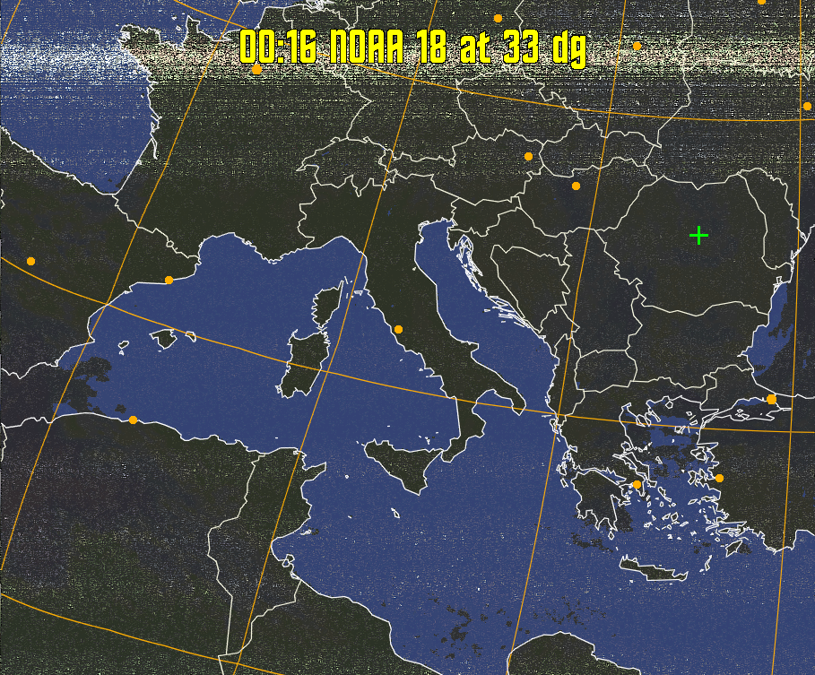 HVCT:
Similar to HVC, but with blue water and with colours more indicative of
land temperatures.
HVC:
Creates a false colour image from NOAA APT images based on temperature using
the HVC colour model. Uses the temperature derived from the sensor 4 image to
select the hue and the brightness from the histogram equalised other image to
select the value and chroma. The HVC colour model attempts to ensure that different colours at the same value will appear to the eye to be the same brightness
and the spacing between colours representing each degree will appear to the eye to
be similar. Bright areas are completely unsaturated in this model.