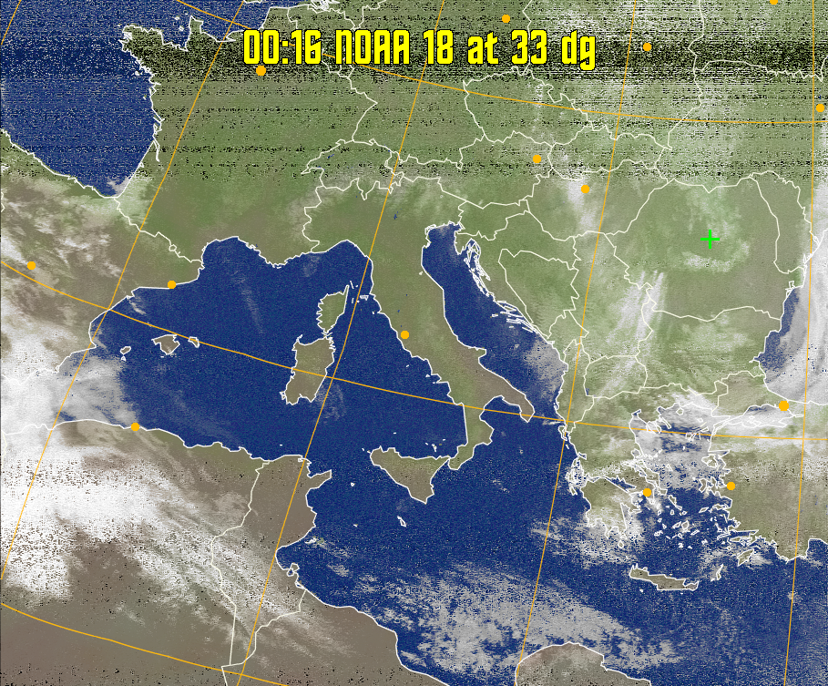 MCIR-precip: 
Colours the NOAA sensor 4 IR image using a map to colour the sea blue and land
green. High clouds appear white, lower clouds gray or land/sea coloured, clouds
generally appear lighter, but distinguishing between land/sea and low cloud may
be difficult. Darker colours indicate warmer regions.