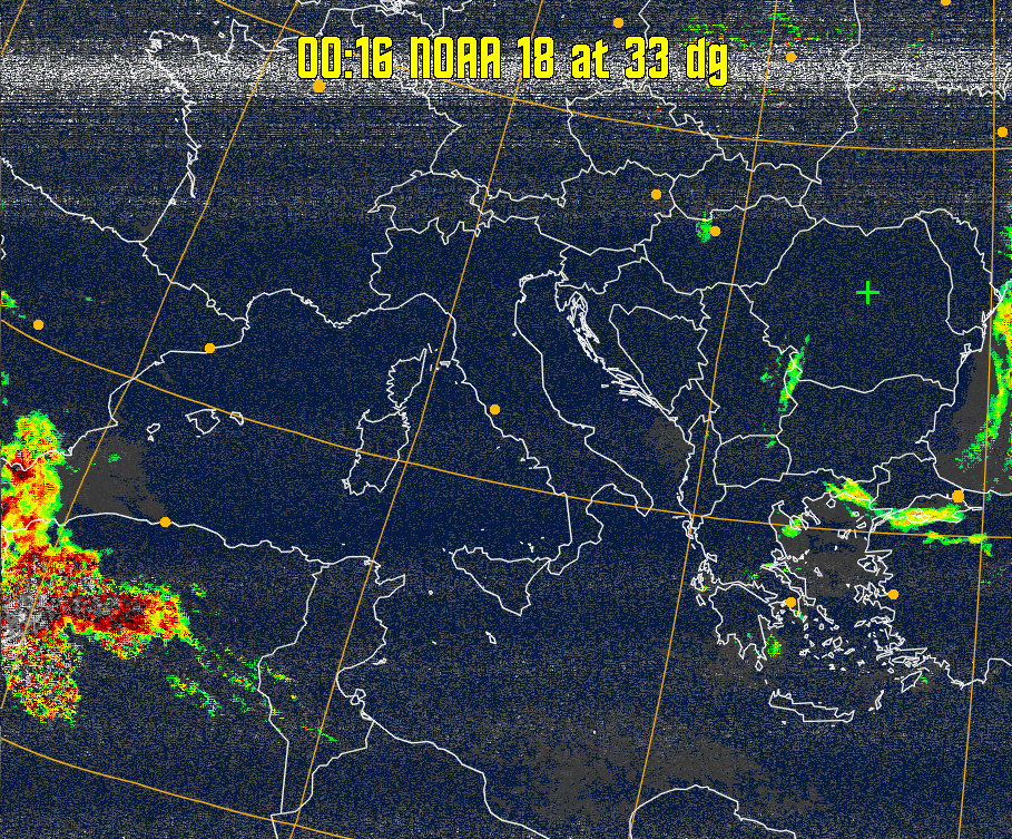 MSA-precip:
Same as MSA multispectral analysis, but high cold cloud tops are coloured the
same as the NO enhancement to give an approximate indication of the probability
and intensity of precipitation.