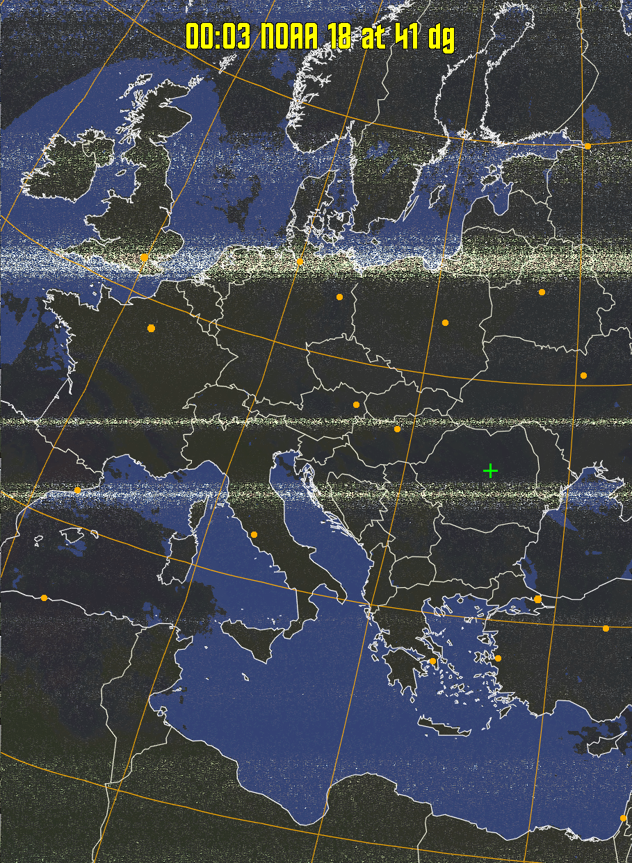 HVCT:
Similar to HVC, but with blue water and with colours more indicative of
land temperatures.
HVC:
Creates a false colour image from NOAA APT images based on temperature using
the HVC colour model. Uses the temperature derived from the sensor 4 image to
select the hue and the brightness from the histogram equalised other image to
select the value and chroma. The HVC colour model attempts to ensure that different colours at the same value will appear to the eye to be the same brightness
and the spacing between colours representing each degree will appear to the eye to
be similar. Bright areas are completely unsaturated in this model.